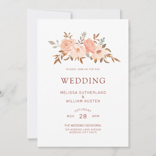 Herfst Waterverf Bloemen Koper Ivoor Bruiloft Kaart (Voorkant)