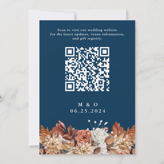 Herfst Waterverf Bloemen Navy Blue QR Code Bruilof Kaart (Achterkant)