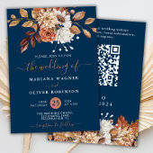 Herfst Waterverf Bloemen Navy Blue QR Code Bruilof Kaart