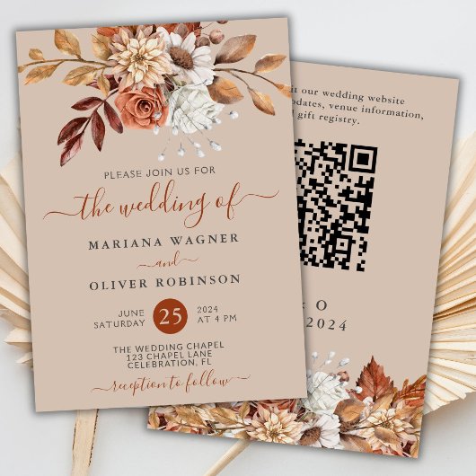 Herfst Waterverf Bloemen op Beige QR Code Bruiloft Kaart