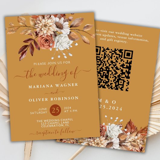 Herfst Waterverf Bloemen op Gouden QR Code Bruilof Kaart