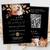 Herfst Waterverf Bloemen op Zwarte QR Code Bruilof Kaart