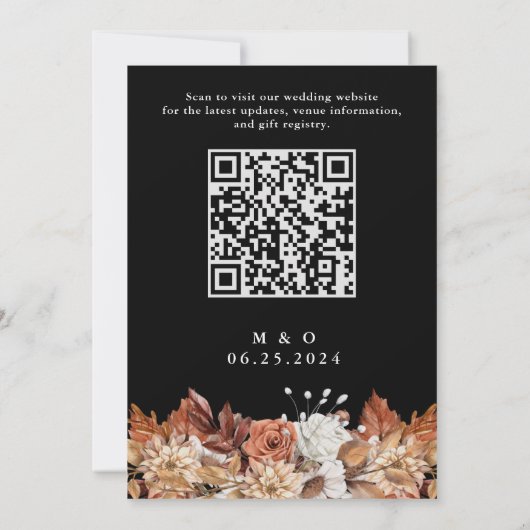 Herfst Waterverf Bloemen op Zwarte QR Code Bruilof Kaart (Achterkant)