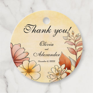 Herfst Waterverf Bloemen Terracotta Gele bruiloft Bedankjes Labels
