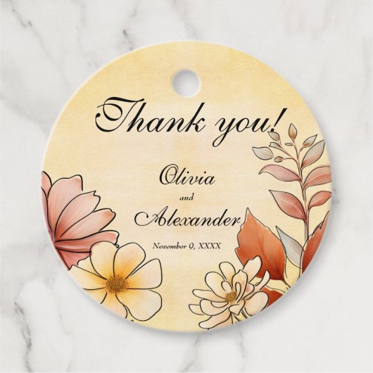 Herfst Waterverf Bloemen Terracotta Gele bruiloft Bedankjes Labels (Voorkant)