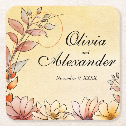Herfst Waterverf Bloemen Terracotta Gele bruiloft Kartonnen Onderzetters (Voorkant)