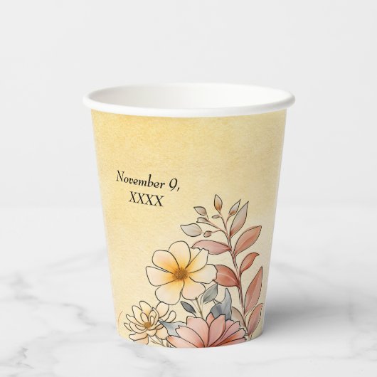 Herfst Waterverf Bloemen Terracotta Gele bruiloft Papieren Bekers (Achterkant)