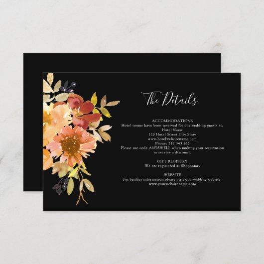 Herfst Waterverf Bloemen Zwart Bruiloft Details Informatiekaartje (Voorkant / Achterkant)