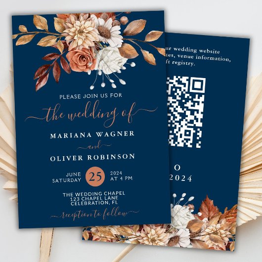 Herfst Waterverf Bloemendecoratie Navyblauw QR Cod Kaart