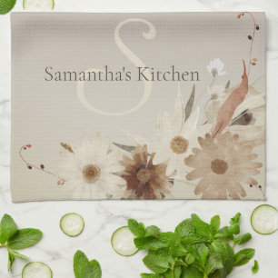 Herfst Waterverf Bloemmonogram gepersonaliseerd Theedoek
