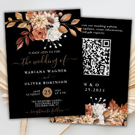 Herfst Waterverf Bloemstuk op Zwarte QR Code Huwel Kaart