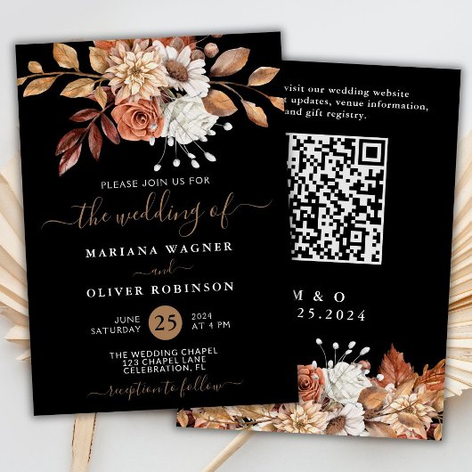 Herfst Waterverf Bloemstuk op Zwarte QR Code Huwel Kaart
