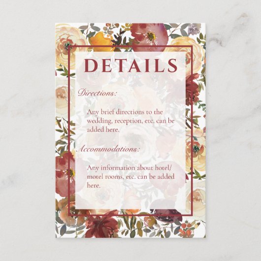 Herfst Waterverf Boeketten Bruiloft Details Informatiekaartje (Voorkant)