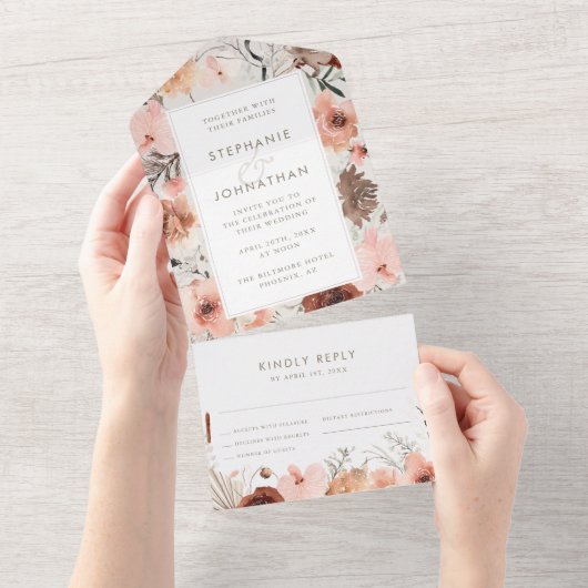 Herfst Waterverf Boho Floral Wedding All In One Uitnodiging (Afscheurbaar)