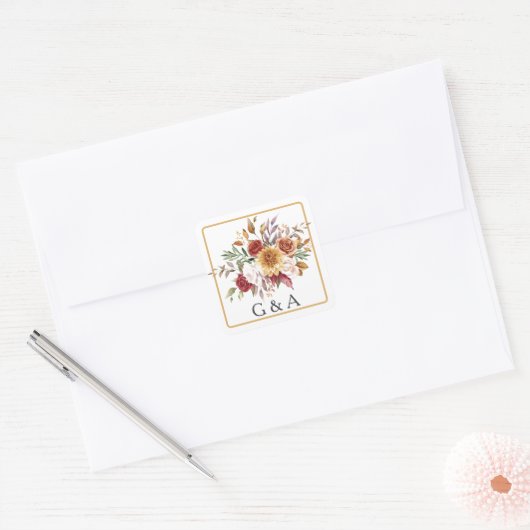 Herfst Waterverf botanisch monogram Vierkante Sticker (Envelop)