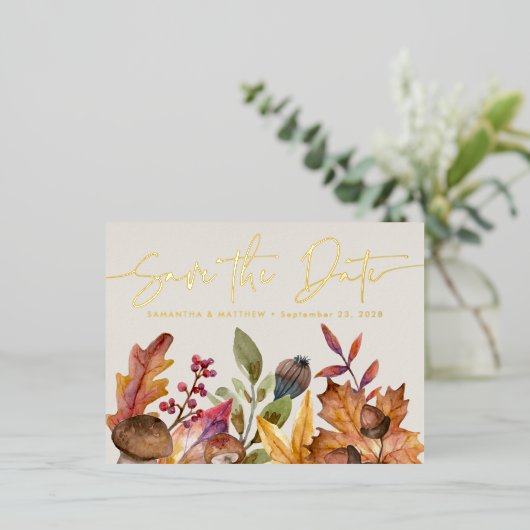 Herfst Waterverf Botanische bruiloft Save the Date Folie Uitnodiging Briefkaart (Staand Voorkant)