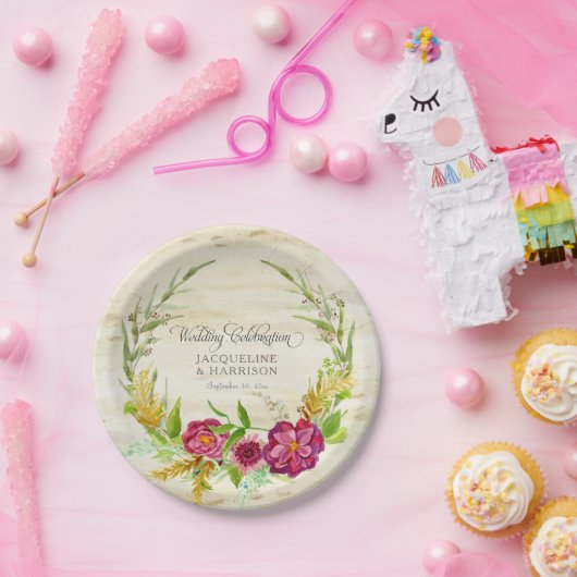 Herfst Waterverf Burgundy Roos Floral w Rustic Woo Papieren Bordje (Feest)