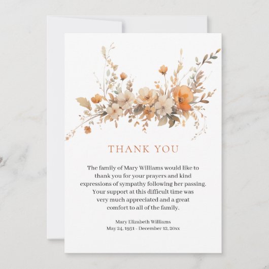 Herfst Waterverf Floral Funeral Dank u Bedankkaart (Voorkant)