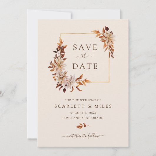 Herfst Waterverf Floral Gold Lijst Flat Save The Date (Voorkant)