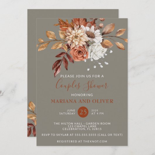 Herfst Waterverf Floral Gray Couples Shower Kaart (Voorkant / Achterkant)