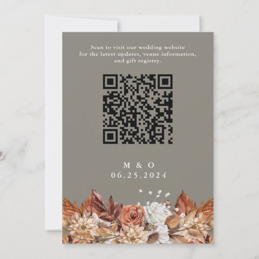 Herfst Waterverf Floral Grey QR CodeWedding Kaart (Achterkant)