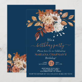 Herfst Waterverf Floral Navy Blue Birthday Party Kaart