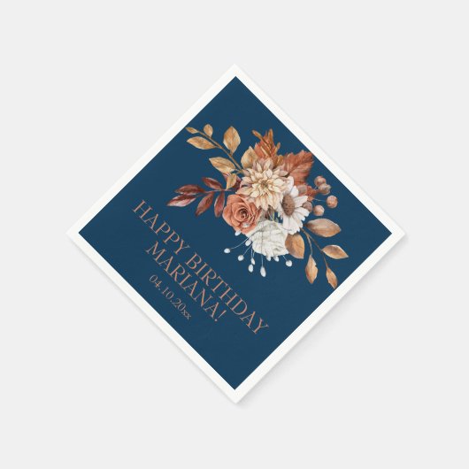 Herfst Waterverf Floral Navy Blue Birthday Party Servet (Hoek)