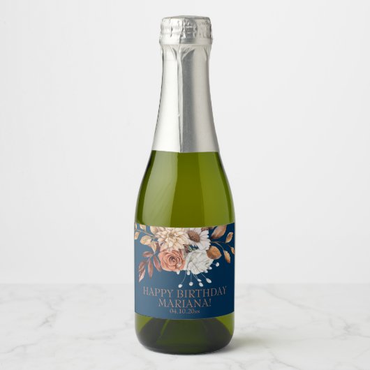 Herfst Waterverf Floral Navy Blue Birthday Party Sparkling Wijnetiket (Voorkant)