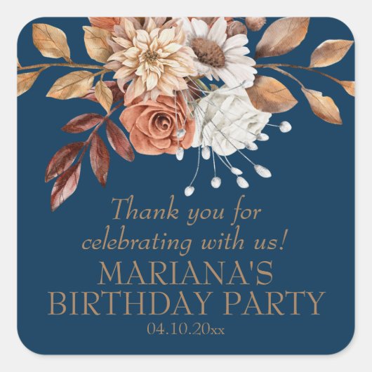 Herfst Waterverf Floral Navy Blue Party Favor Vierkante Sticker (Voorkant)
