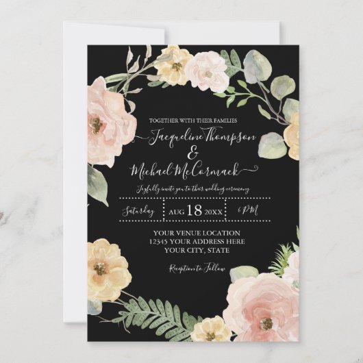 Herfst Waterverf Floral Roos Black in Blush Weddin Kaart (Voorkant)