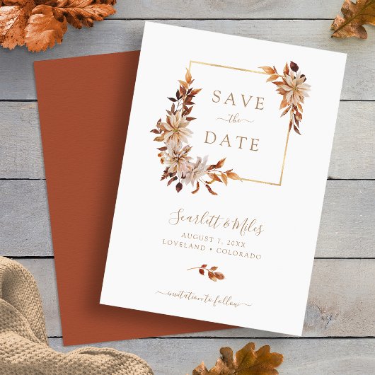Herfst Waterverf Floral Square Gold Lijst Wedding Save The Date