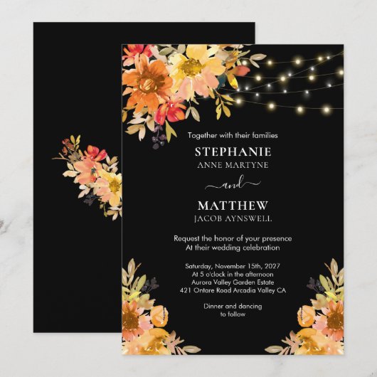 Herfst Waterverf Floral String Lights Wedding Kaart (Voorkant / Achterkant)