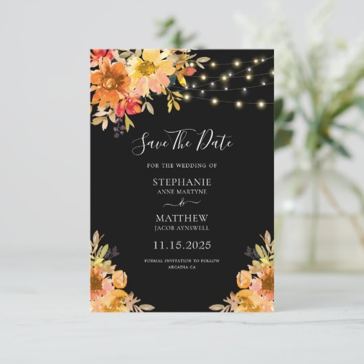 Herfst Waterverf Floral String Lights Wedding Save The Date (Staand voorkant)