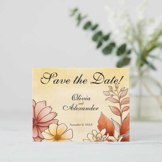 Herfst Waterverf Floral Terracotta Bewaar de datum Briefkaart (Staand voorkant)