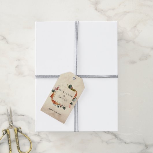 herfst waterverf gebladerte monogram bruiloft cadeaulabel (Met Touw)