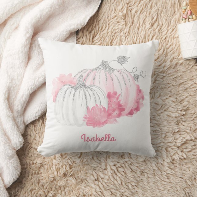 Herfst Waterverf Glitter Pompoen Roze Wit Kussen (Deken)
