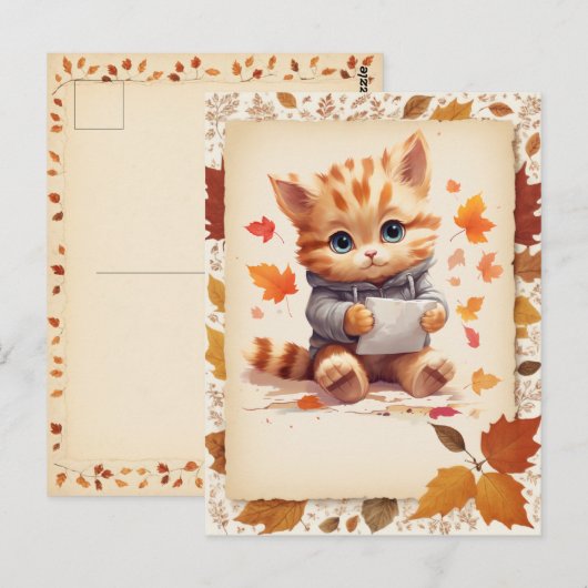 Herfst Waterverf Kitten met een letter - Briefkaart (Voorkant / Achterkant)