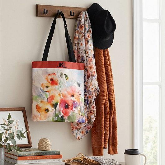 Herfst waterverf klaprozen monogram tote bag