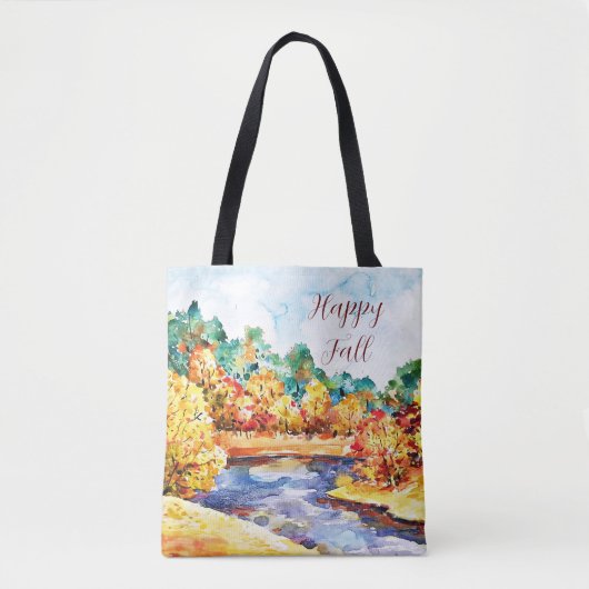 Herfst waterverf landschap met aanpasbare tekst tote bag (Voorkant)