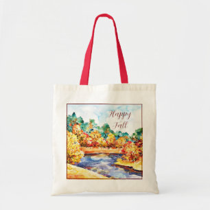 Herfst waterverf landschap met aanpasbare tekst tote bag