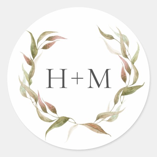 Herfst Waterverf Laurel Wreath Monogram Wedding Ronde Sticker (Voorkant)