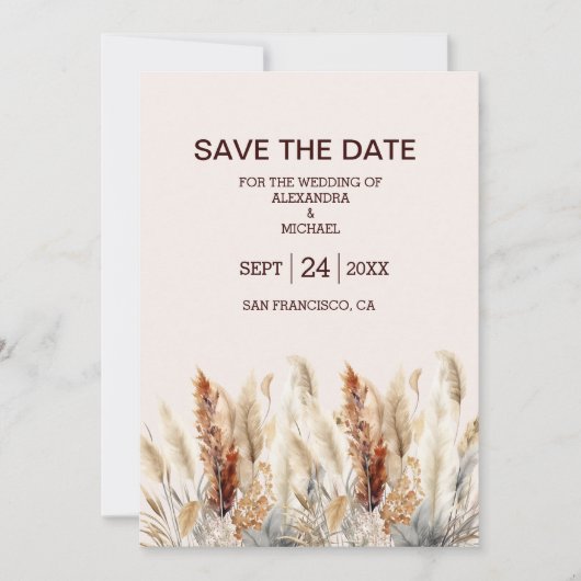 Herfst Waterverf Pampas Grass Bruiloft Save The Date (Voorkant)