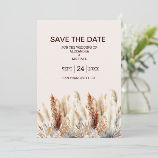 Herfst Waterverf Pampas Grass Bruiloft Save The Date (Staand voorkant)