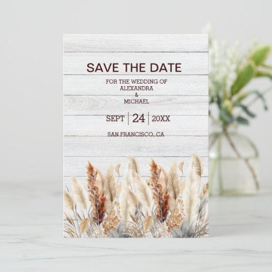 Herfst Waterverf Pampas Grass Bruiloft Save The Date (Staand voorkant)