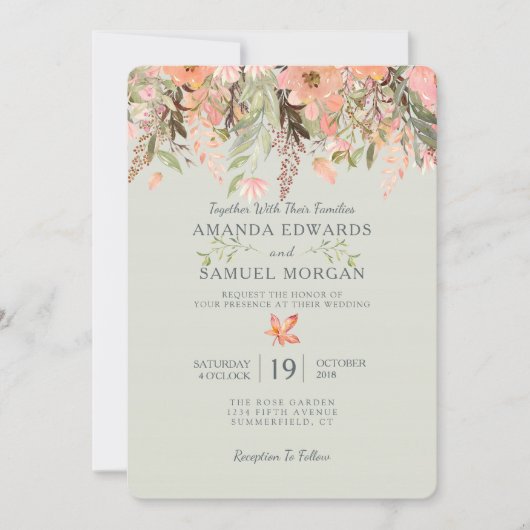 Herfst Waterverf Perzik en Groene Huwelijksuitnodi Kaart (Voorkant)