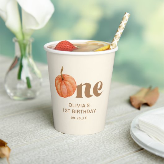 Herfst Waterverf Pompoen 1e Verjaardag Papieren Bekers (Insitu)