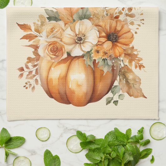 Herfst Waterverf pompoen bloemontwerp- Theedoek (Gevouwen)