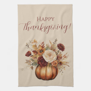 Herfst Waterverf Pompoen en Bloemen- Theedoek