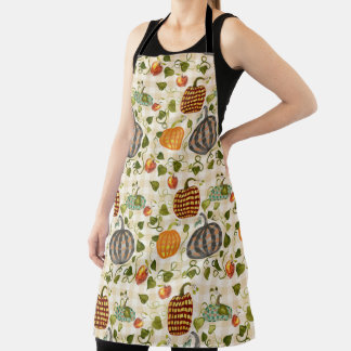 Herfst Waterverf Pompoenen Appels Ivy op Gingham Schort