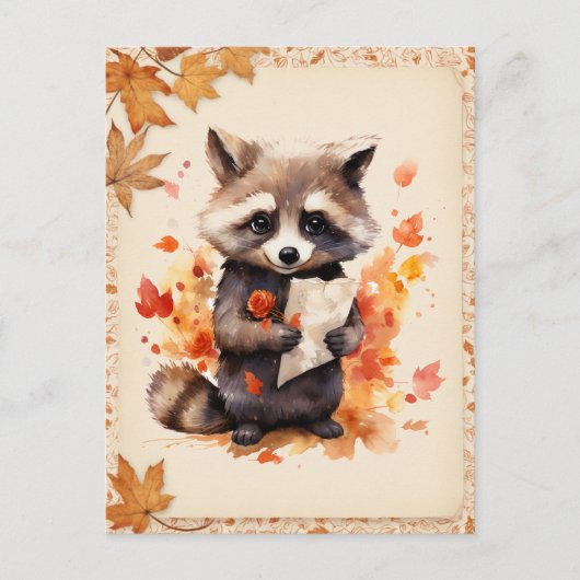 Herfst Waterverf Raccoon met een letter - Briefkaart (Voorkant)